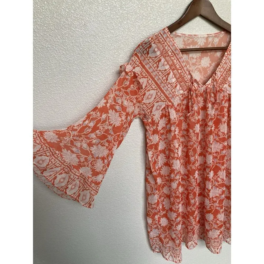 Womens sz L Orange boho sheer cover up dress floral ruffle bell sleeve tropical - Picture 2 of 5